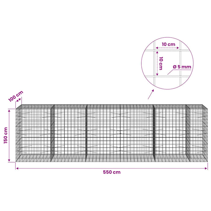 Gabion cu fir de 5 mm și plasă de 10x10 cm 550x100x150 cm WALTI
