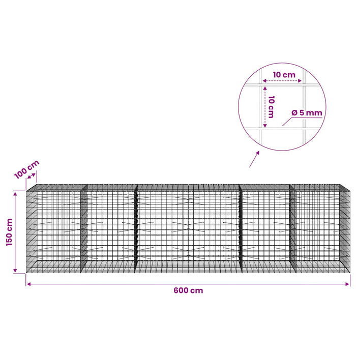 Gabion cu fir de 5 mm și plasă de 10x10 cm 600x100x150 cm WALTI