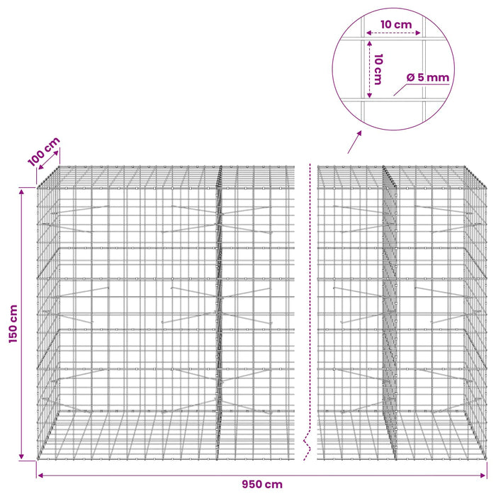 Gabion cu fir de 5 mm și plasă de 10x10 cm 950x100x150 cm WALTI