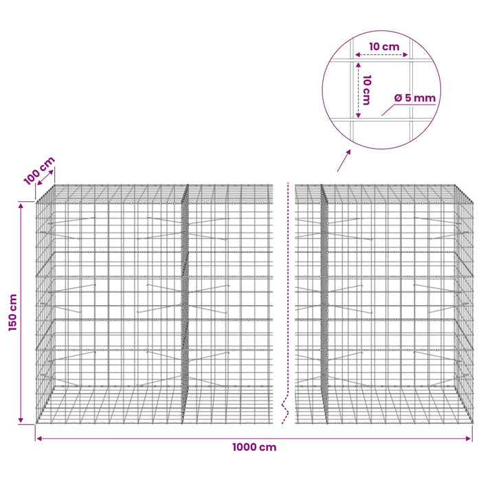 Gabion cu fir de 5 mm și plasă de 10x10 cm 1000x100x150 cm WALTI