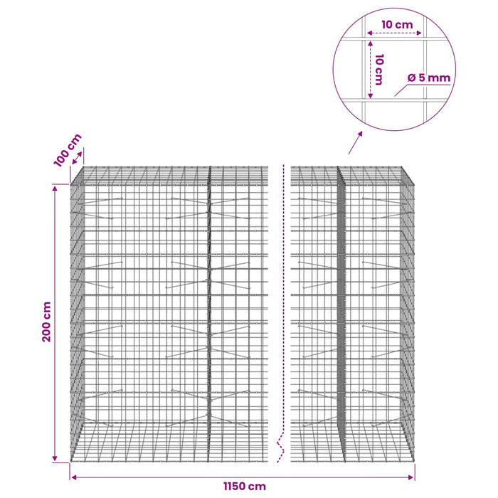 Gabion cu fir de 5 mm și plasă de 10x10 cm 1150x100x200 cm WALTI
