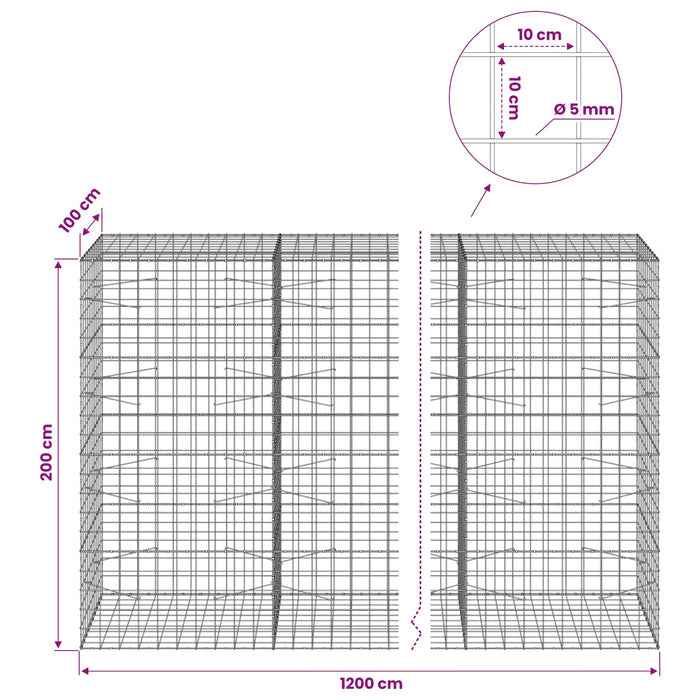 Gabion cu fir de 5 mm și plasă de 10x10 cm 1200x100x200 cm WALTI