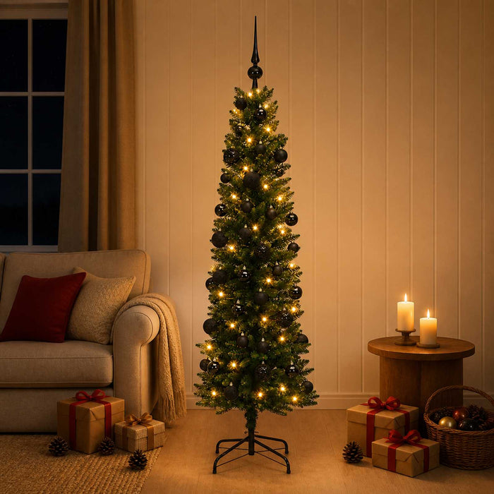 Brad de Crăciun artificial îngust cu globuri 120 cm 150 LED-uri WALTI