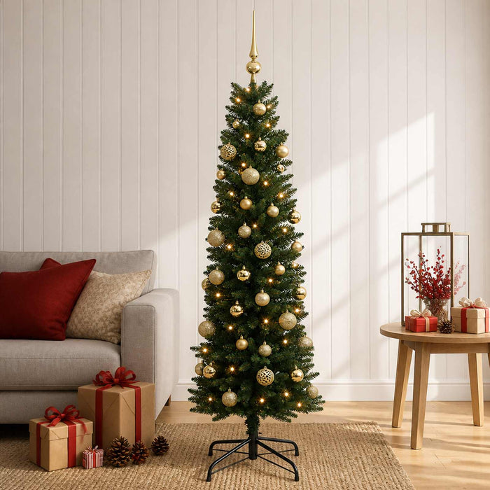Brad de Crăciun artificial îngust cu globuri 120 cm 150 LED-uri WALTI