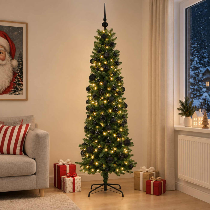 Brad de Crăciun artificial îngust cu globuri 210 cm 300 LED-uri WALTI