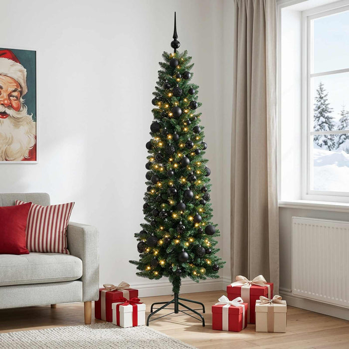 Brad de Crăciun artificial îngust cu globuri 210 cm 300 LED-uri WALTI