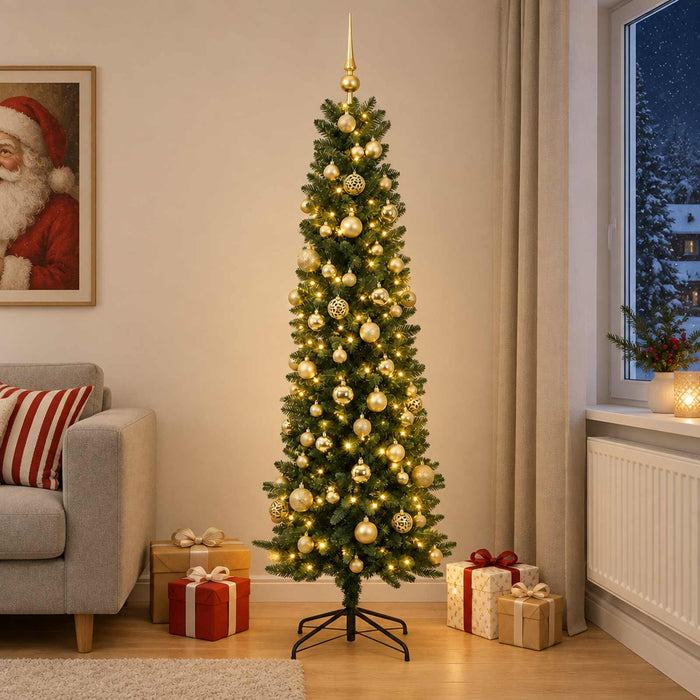 Brad de Crăciun artificial îngust cu globuri 210 cm 300 LED-uri - WALTI WALTI