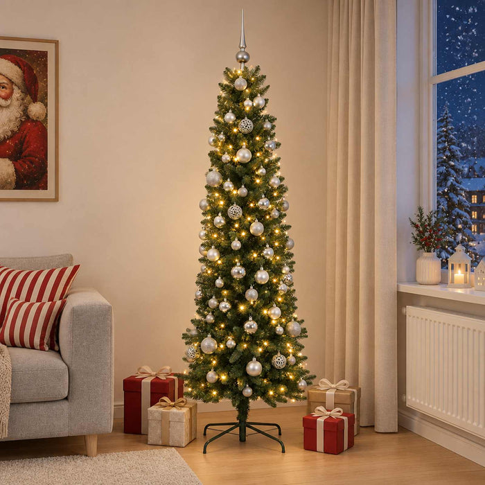 Brad de Crăciun artificial îngust cu globuri 210 cm 300 LED-uri - WALTI WALTI