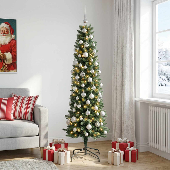 Brad de Crăciun artificial îngust cu globuri 210 cm 300 LED-uri - WALTI WALTI