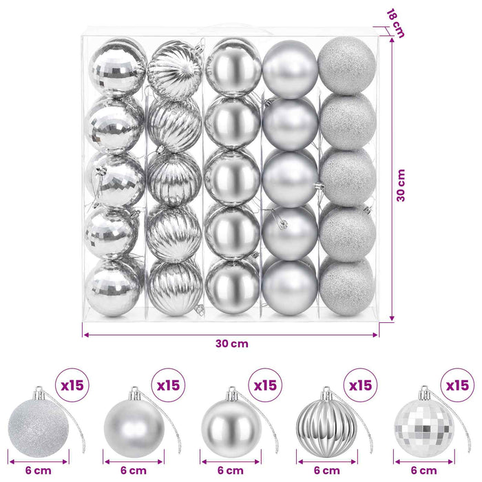 Set de globuri de Crăciun 75 buc. Argintiu 6 cm Polistiren WALTI