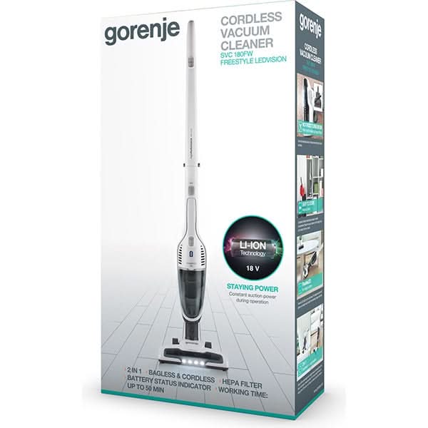 Aspirator vertical GORENJE Freestyle SVC180FW, 0.6l, 18V, autonomie max 45 min, iluminare LED, alb-gri inchis WALTI