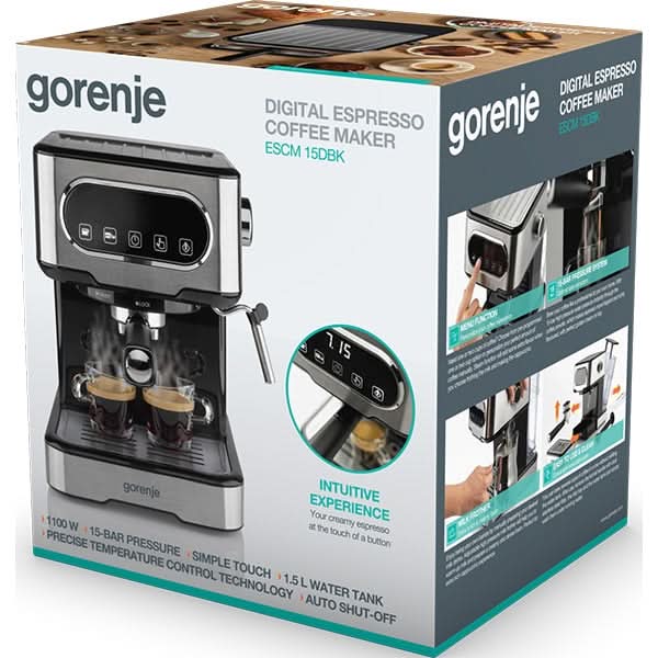 Espressor manual GORENJE ESCM15DBK, 1.5l, 1100W, 15 bar, sistem Cappuccino, negru-argintiu WALTI