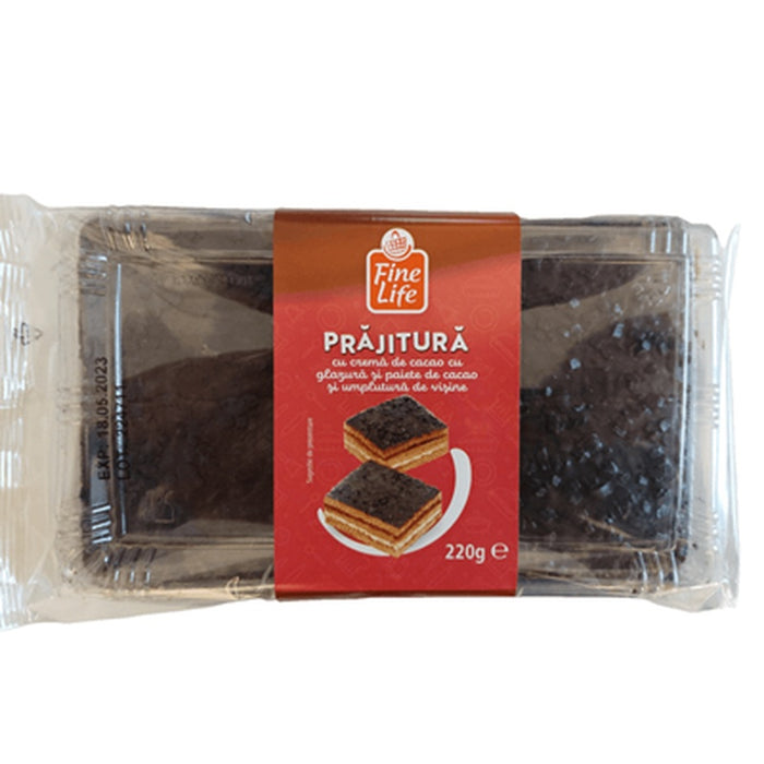Fine Life Prajitura Crema Cacao cu Glazura si Paiete de Cacao si Umplutura de Visine 220 g - WALTI WALTI