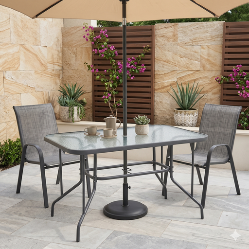 Masă Grădină cu Blat din Sticlă si Orificiu Umbrelă, Gri, 120x70x70 cm - WALTI WALTI