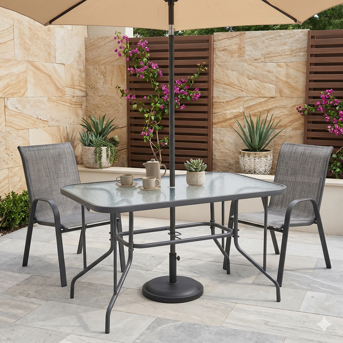 Masă Grădină cu Blat din Sticlă si Orificiu Umbrelă, Gri, 120x70x70 cm - WALTI WALTI