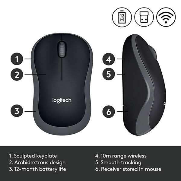 Mouse Wireless LOGITECH M185, 1000 dpi, gri WALTI