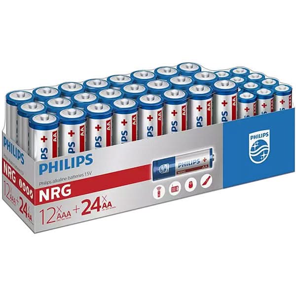 Pachet baterii alcaline PHILIPS LR03 (AAA) 12 bucati, LR6 (AA) 24 bucati WALTI