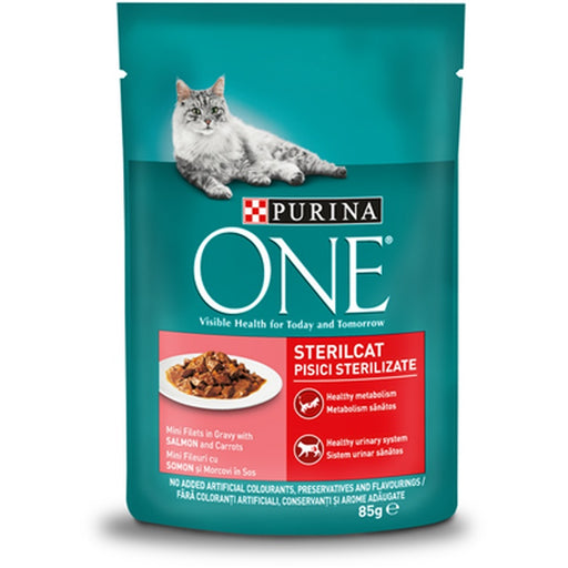 PURINA ONE Hrana Umeda pentru Pisici Sterile cu Somon si Morcov in Sos 85 g - WALTI WALTI