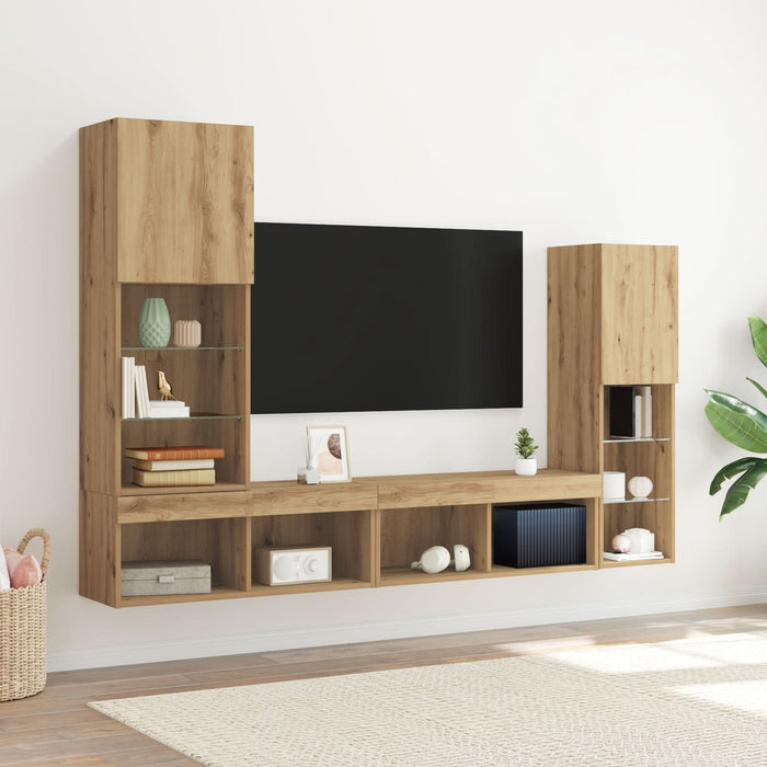 Dulap TV vidaXL cu lumini LED Stejar artizanal 40.5x30x102 cm, Dulapuri TV vidaXL cu lumini LED 2 bucăți Stejar artizanal 80x30x30 cm - WALTI WALTI