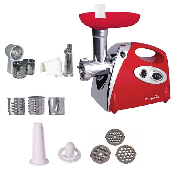 Masina de tocat carne MYRIA MY4095, 0.5kg/min, 1500W, accesoriu carnati/suc de rosii/feliere/razuire, rosu-alb WALTI