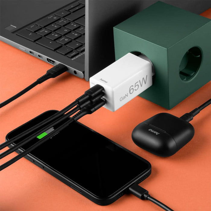 Incarcator retea HAMA 201996, 2x USB-C, 1x USB-A, Power Delivery (PD), Quick Charge 3.0, GaN, 65W, alb WALTI
