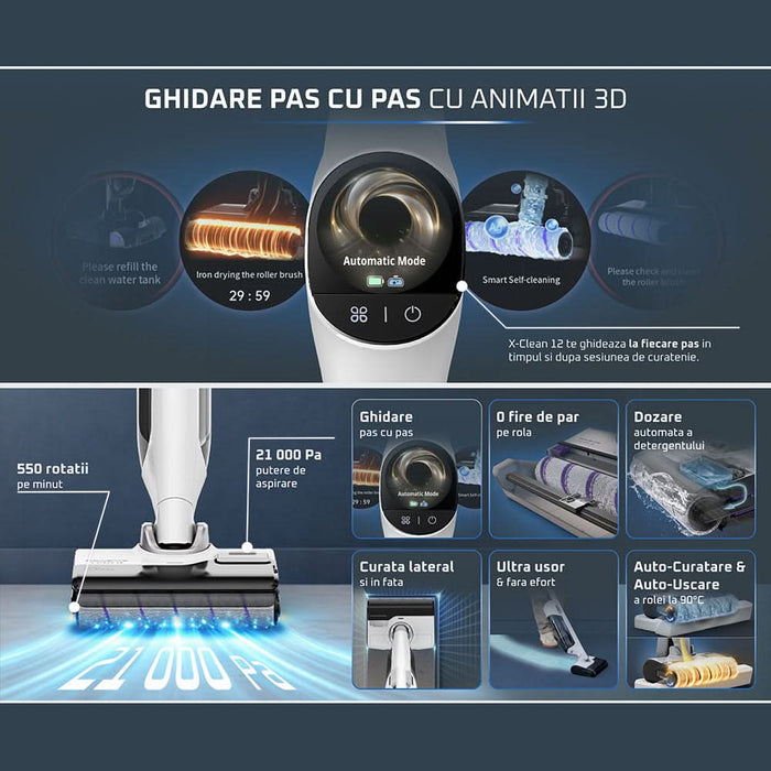 Aspirator vertical cu spalare ROWENTA X-Clean 12 GZ7257E0, 0.79l, 21.6V, autonomie max 65 min, alb WALTI