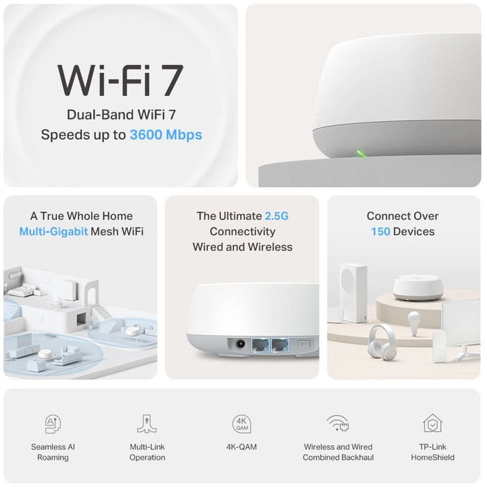 Sistem Wireless Mesh Gigabit TP-LINK Deco BE25 BE3600, Wi-Fi 7, Dual Band 688 + 2882 Mbps, 2 buc, alb - WALTI WALTI