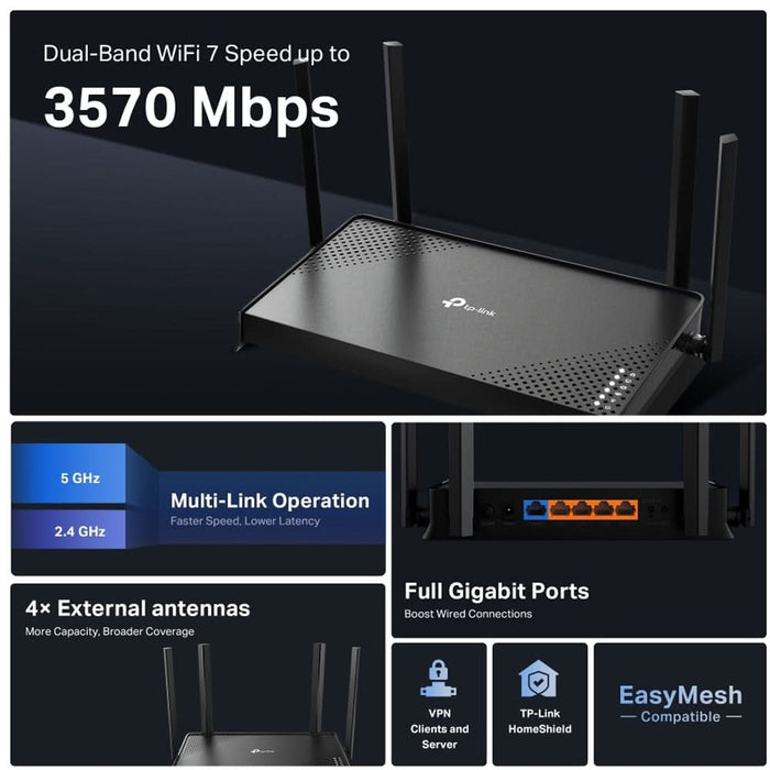 Router Wireless Gigabit TP-LINK Archer BE220 BE3600, Wi-Fi 7, Dual-Band 688 + 2882 Mbps, negru WALTI