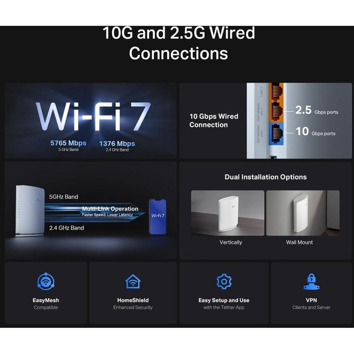 Router Wireless Gigabit TP-LINK ARCHER BE450 BE7200, Wi-Fi 7, Dual-Band 1376 + 5765 Mbps, Port 10Gbps, Port 2.5 Gbps, USB 3.0, alb - WALTI WALTI