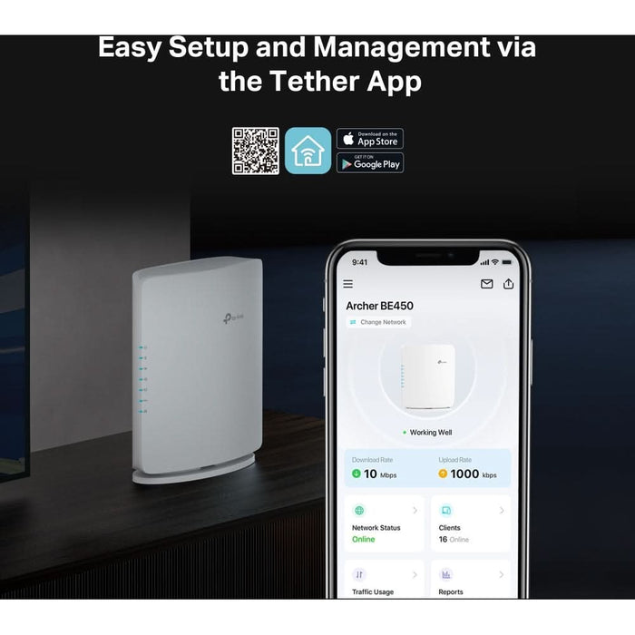 Router Wireless Gigabit TP-LINK ARCHER BE450 BE7200, Wi-Fi 7, Dual-Band 1376 + 5765 Mbps, Port 10Gbps, Port 2.5 Gbps, USB 3.0, alb - WALTI WALTI