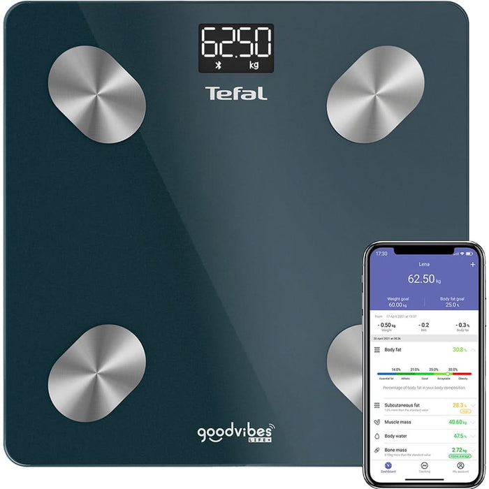 Cantar corporal TEFAL GoodVibes Life, 180kg, Bluetooth, sticla, albastru WALTI