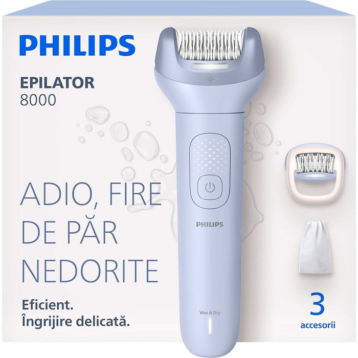 Epilator PHILIPS Seria 8000 BRE708/00, 32 pensete, 2 viteze, 3 accesorii, acumulator, mov WALTI