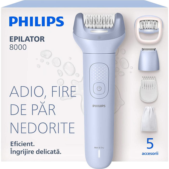 Epilator PHILIPS Series 8000 BRE711/00, 32 pensete, 2 viteze, 5 accesorii, acumulator, mov WALTI