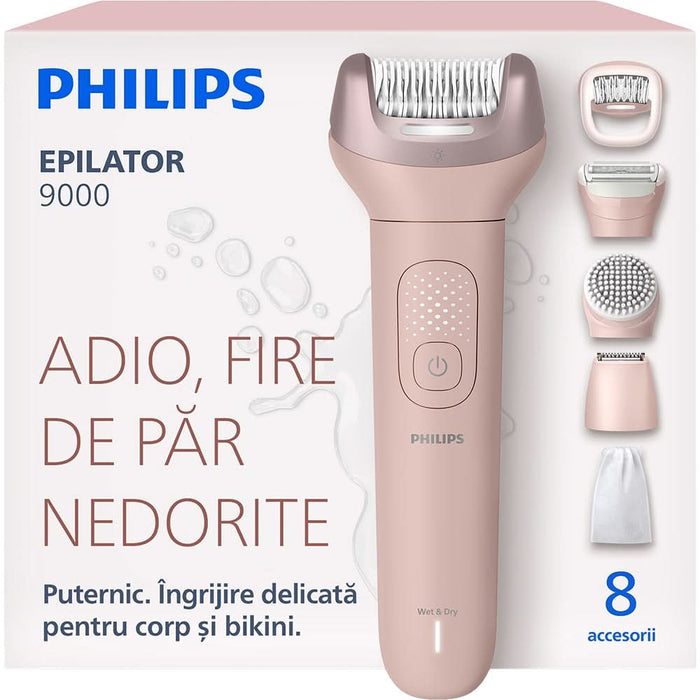 Epilator PHILIPS Series 9000 BRE719/00, 32 pensete, 2 viteze, 8 accesorii, acumulator, roz WALTI