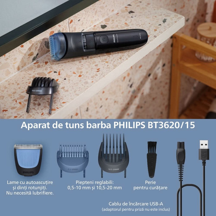 Aparat de tuns barba PHILIPS Series 3000 BT3620/15, acumulator, autonomie 70 min, negru WALTI