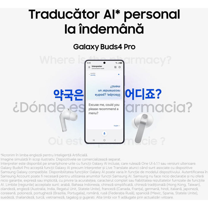 Casti SAMSUNG Galaxy Buds4 Pro, True Wireless, Bluetooth, In-Ear, Microfon, Carcasa Incarcare Wireless, Noise Cancelling, alb WALTI