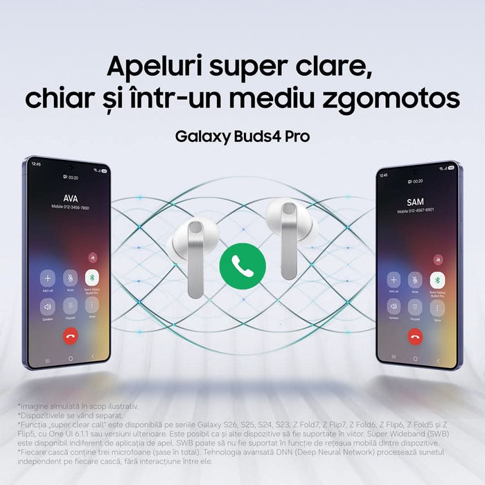 Casti SAMSUNG Galaxy Buds4 Pro, True Wireless, Bluetooth, In-Ear, Microfon, Carcasa Incarcare Wireless, Noise Cancelling, alb WALTI