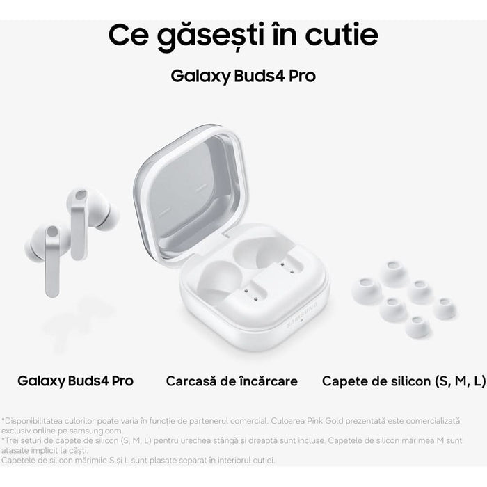 Casti SAMSUNG Galaxy Buds4 Pro, True Wireless, Bluetooth, In-Ear, Microfon, Carcasa Incarcare Wireless, Noise Cancelling, alb WALTI