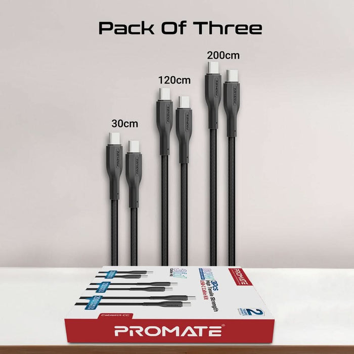 Cablu de date PROMATE CableKit-CC, USB-C - USB-C, 0.3m, 1.2m, 2m, negru WALTI