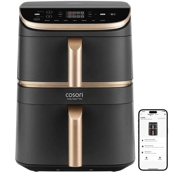 Friteuza cu aer cald dubla COSORI Turbo Tower Pro Smart CAFDC123SDEUR, 10.8l,  2630W, 3 rezistente, negru-auriu WALTI