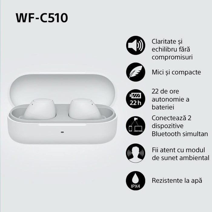 Casti SONY WF-C510, True Wireless, Bluetooth, In-ear, Microfon, Conexiune multipunct, alb WALTI