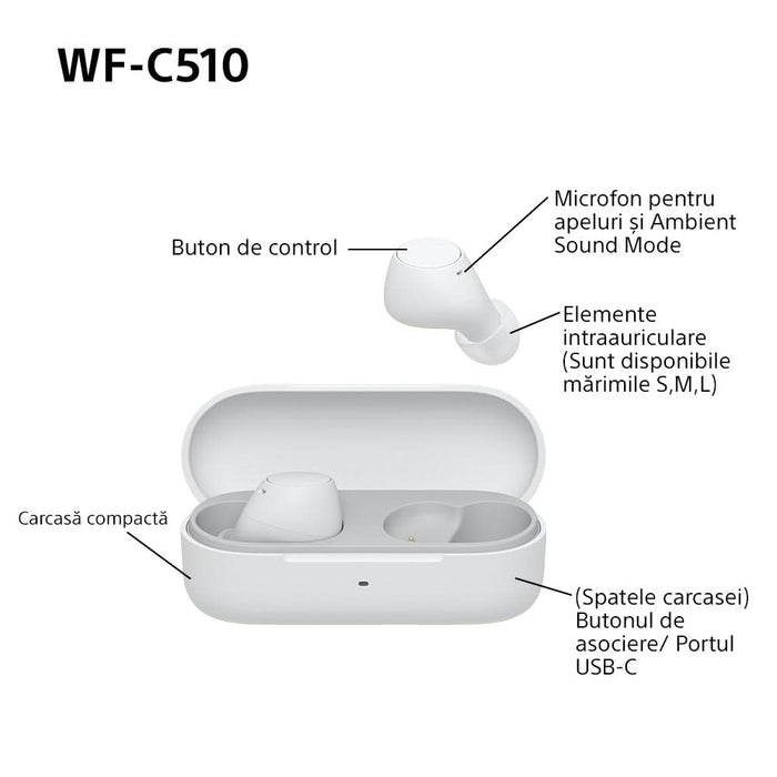 Casti SONY WF-C510, True Wireless, Bluetooth, In-ear, Microfon, Conexiune multipunct, alb WALTI