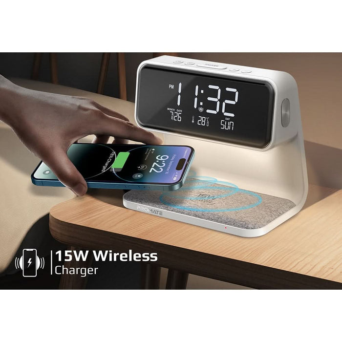 Ceas desteptator cu incarcare wireless pentru telefon, 15W, PROMATE Lumix,, alb WALTI