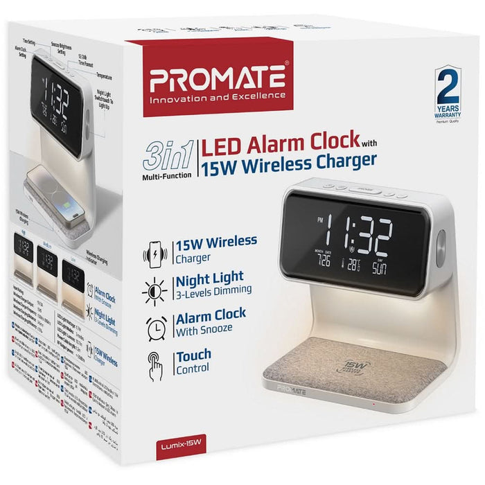 Ceas desteptator cu incarcare wireless pentru telefon, 15W, PROMATE Lumix,, alb WALTI