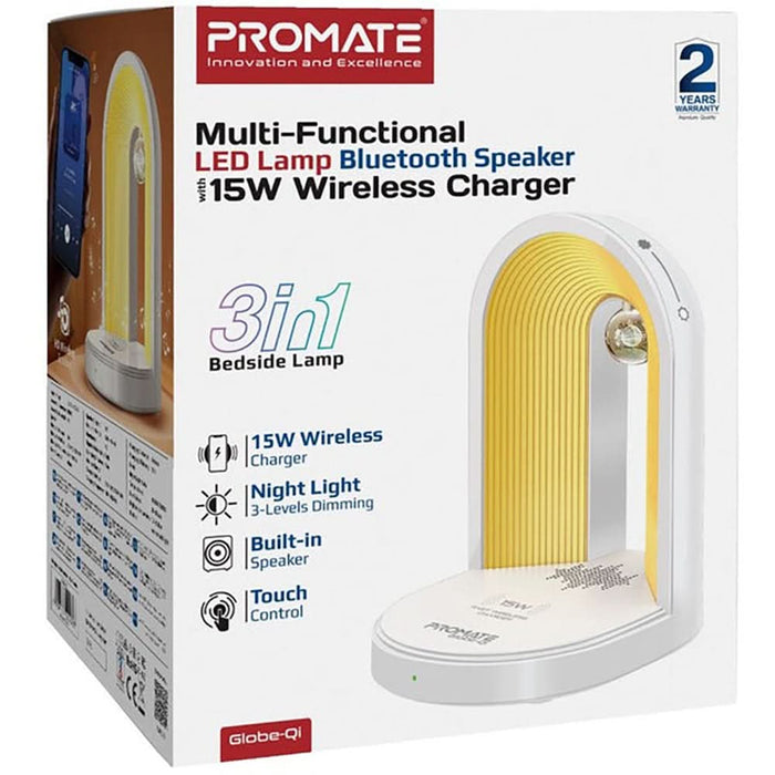 Lampa de birou cu LED PROMATE Globe-Qi, 15W, boxa bluetooth, incarcator wireless, alb WALTI