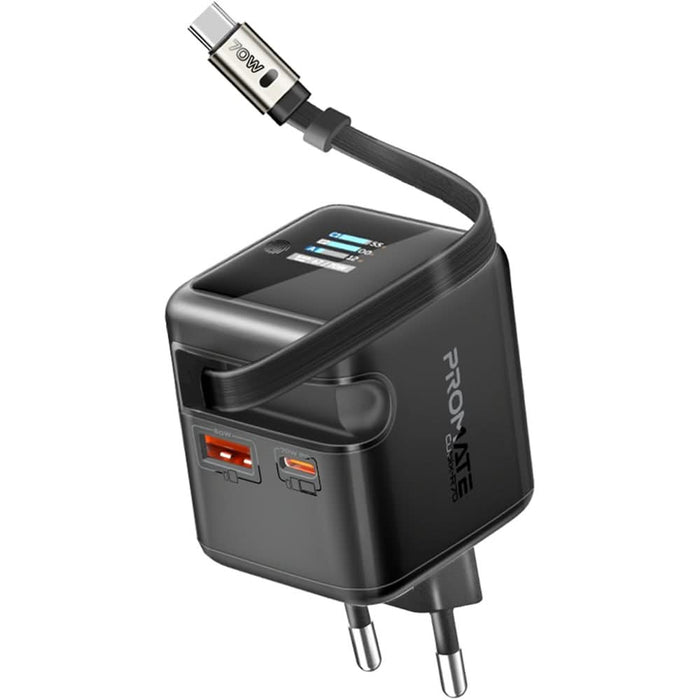 Incarcator retea PROMATE Cubix-R70, 1x USB-C, 1x USB-A, GaN Fast Charging, 70W, negru WALTI