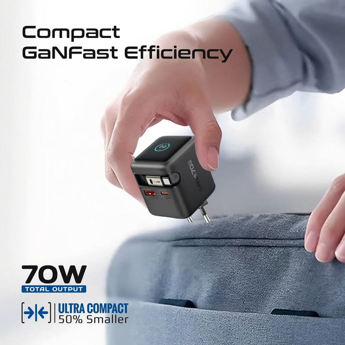 Incarcator retea PROMATE Cubix-R70, 1x USB-C, 1x USB-A, GaN Fast Charging, 70W, negru WALTI