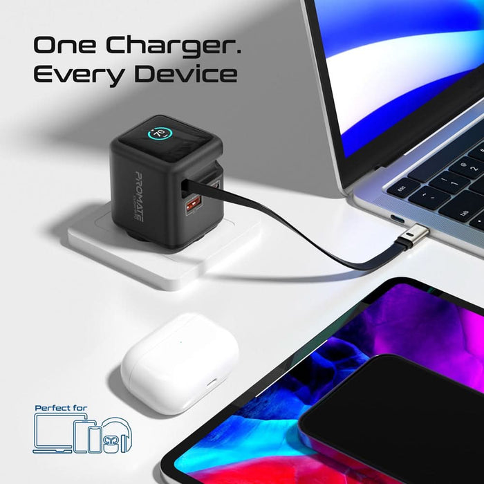 Incarcator retea PROMATE Cubix-R70, 1x USB-C, 1x USB-A, GaN Fast Charging, 70W, negru WALTI