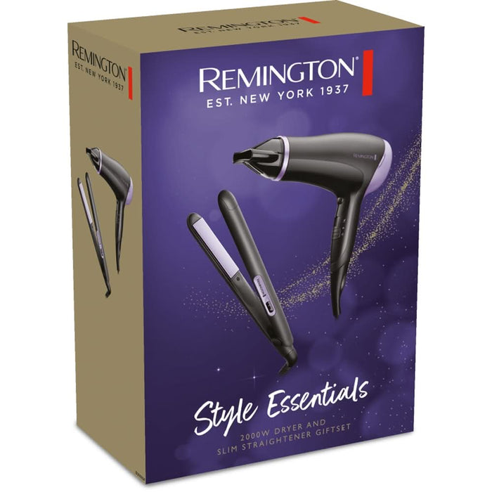 Set REMINGTON Style Essentials D3016GP: Uscator de par, 2000W, negru + Placa de indreptat parul, 215 grade, negru WALTI