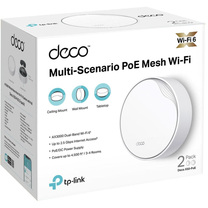 Sistem Wireless Mesh Gigabit TP-LINK Deco X50-PoE AX3000, WI-Fi 6, Dual Band 574 + 2402 Mbps, 2 Buc, alb WALTI